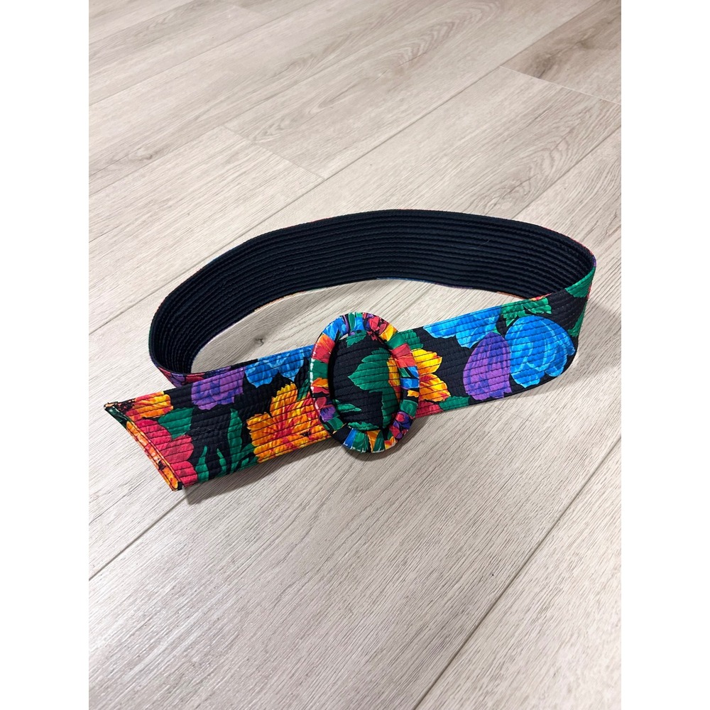 Vintage 1991 Liz Claiborne 100%‎ Silk Floral Wide Waist Belt Black Multi Color